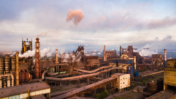 industry metallurgical plant dawn smoke smog emissions bad ecology aerial photography