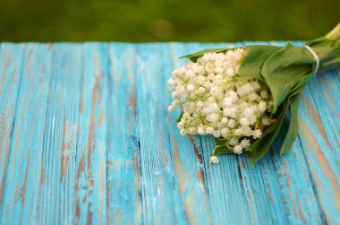 Lily vadi ahşap bir zemin üzerine yeşil yaprakları ile 