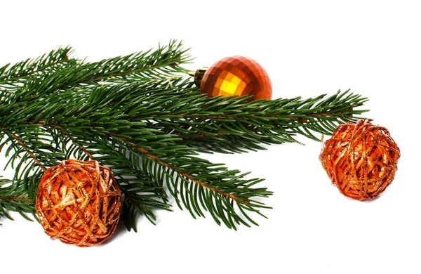 Juguetes de Navidad y rama de árbol de Navidad —  Fotos de Stock