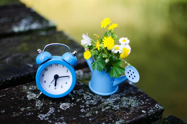 Liten vattning kruka med vatten och blommor — Stockfoto