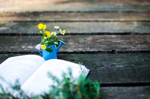 Little watering pot with water and flowers — Stock Photo, Image