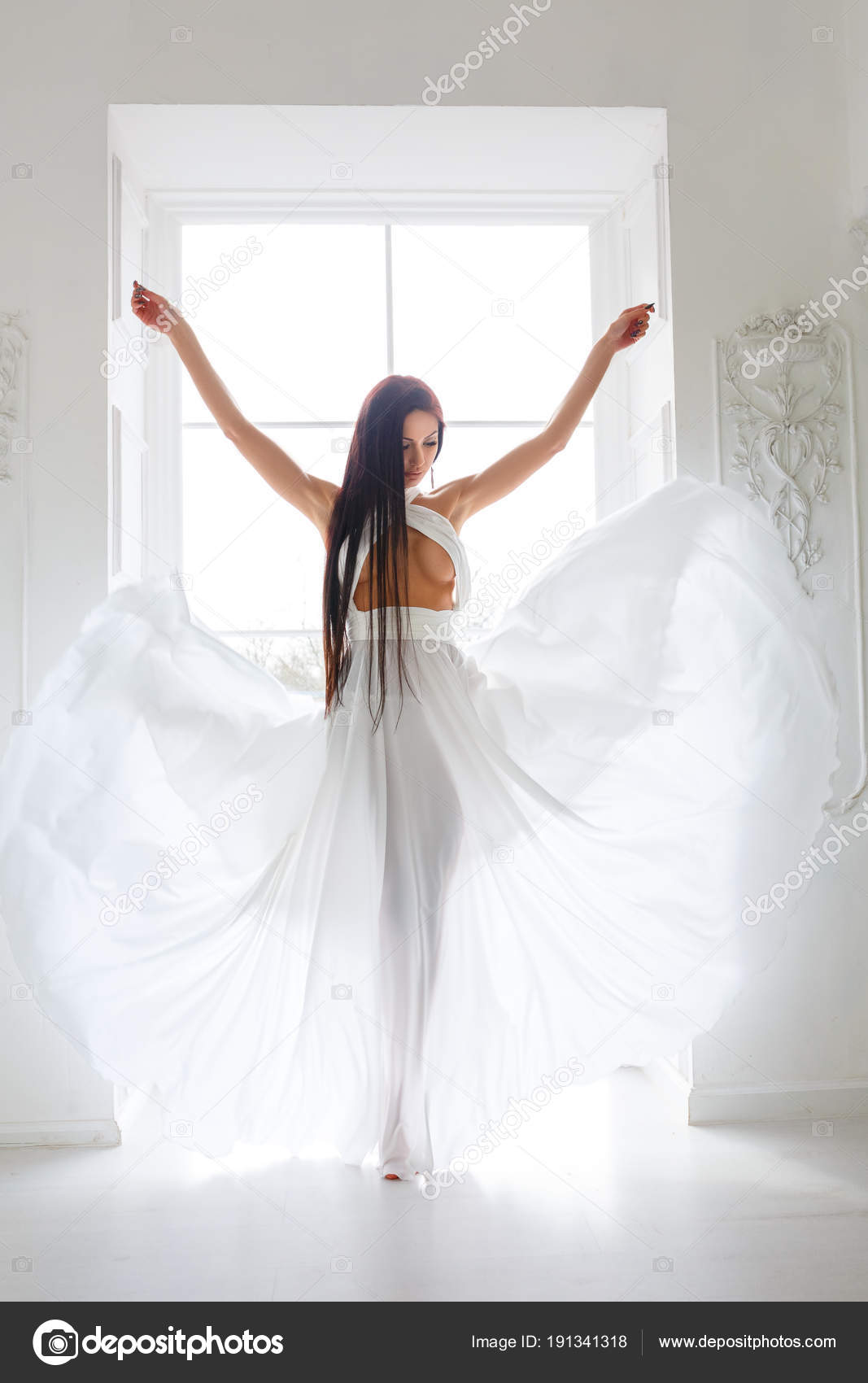 Beautiful Sexy Girl White Dress Window 