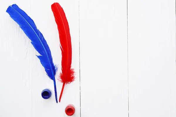 Pluma roja y azul con tinta — Foto de Stock