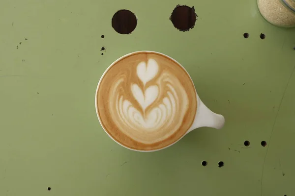 Copa Café Latte Arte Sobre Fondo Madera — Foto de Stock