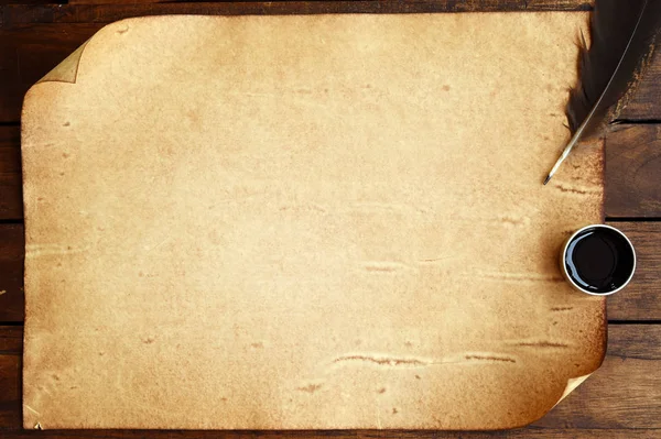 Παλιό Χαρτί Καφέ Ξύλο Υφή Φτερό Και Μελάνι — Φωτογραφία Αρχείου