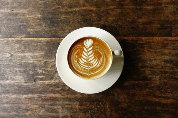 Kopp Latte Konst Kaffe Trä Bakgrund — Stockfoto