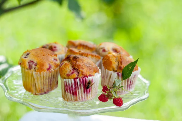 Ahududu ve çömelmiş bir arı ile süslenmiş cam pasta standının üzerinde ahududulu kekler.