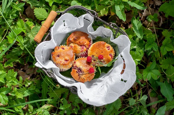 Bahçedeki yeşil çimlerin üzerinde beyaz bir peçete üzerinde sepetin içinde ahududu kekleri.