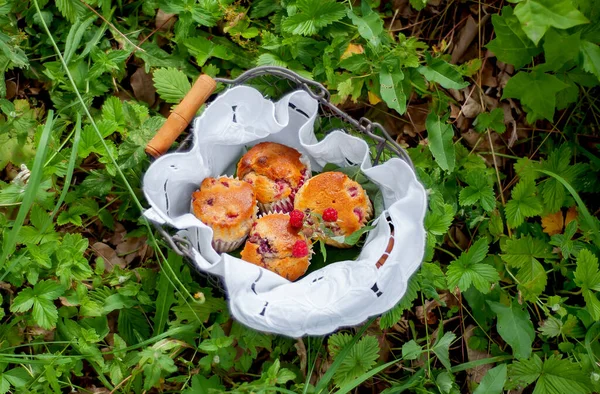 Bahçedeki yeşil çimlerin üzerinde beyaz bir peçete üzerinde sepetin içinde ahududu kekleri.