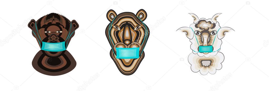 Characters for stickers or avatars in a protective medical mask, on a white background, arranged horizontally 