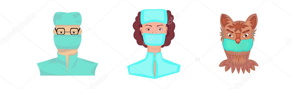 Characters for stickers or avatars in a protective medical mask, on a white background, arranged horizontally 