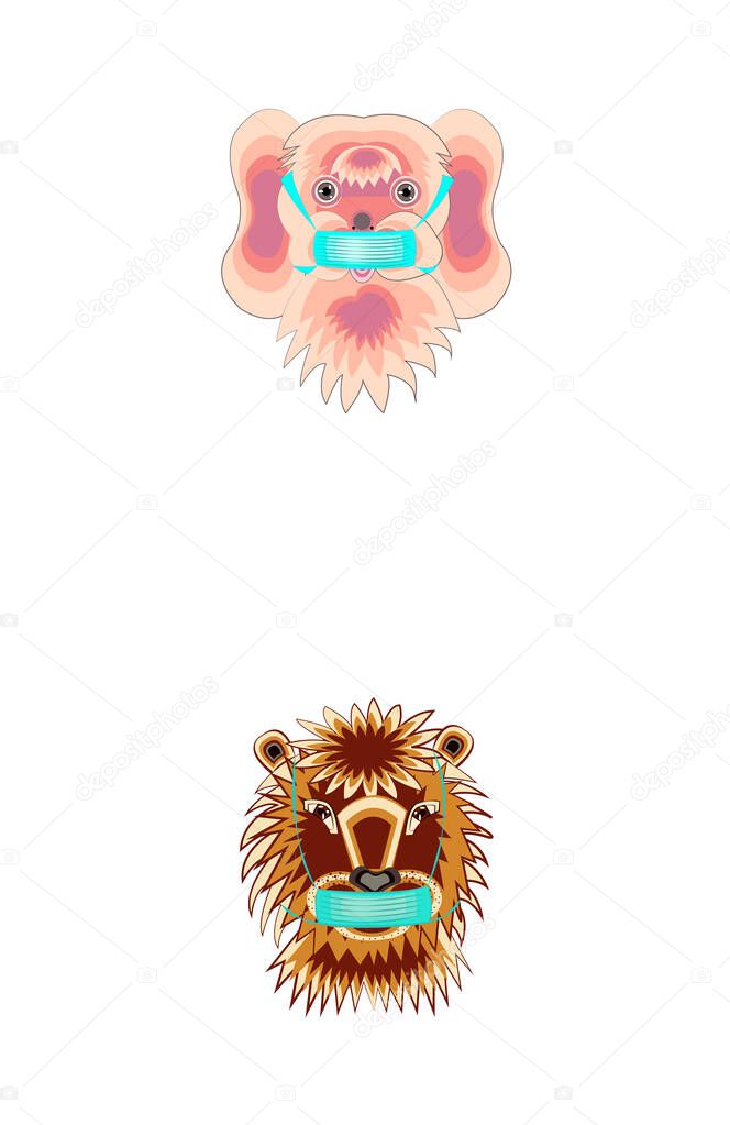  Characters for stickers or avatars in a protective medical mask, on a white background, arranged vertically