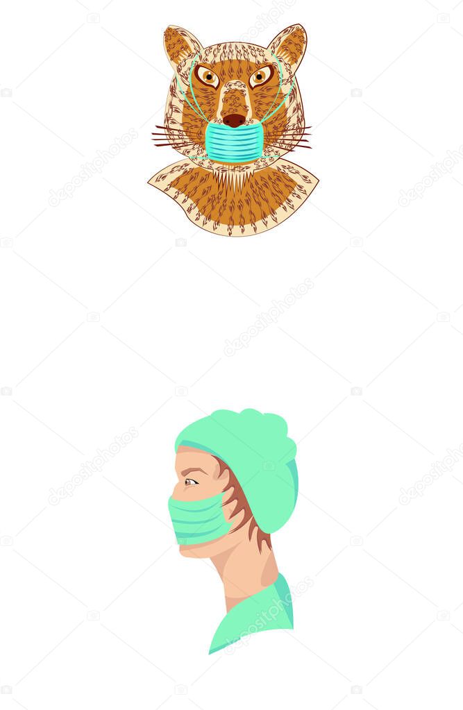  Characters for stickers or avatars in a protective medical mask, on a white background, arranged vertically