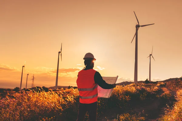 Sert şapkalı genç mühendis gün batımında yel değirmenleriyle çalışıyor.