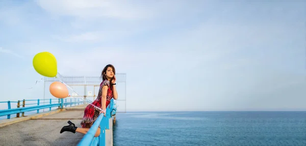 Young Woman Dress Holding Yellow Balloons Posing Pier Seaside — Stock Photo, Image