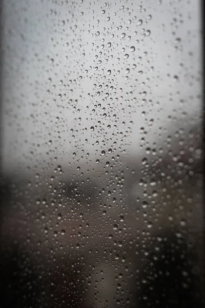 Fenêtre Pluvieuse Avec Gouttes Eau Sur Verre — Photo