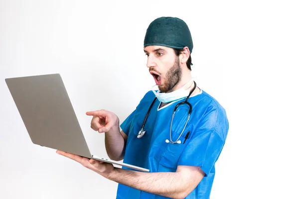 Doctor Laptop Posing White Background — Stock Photo, Image