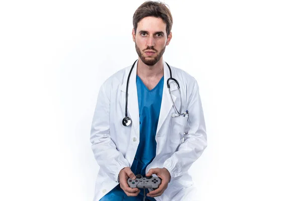 Young Doctor Playing Games Using Gamepad Isolated White Background — Stock Photo, Image