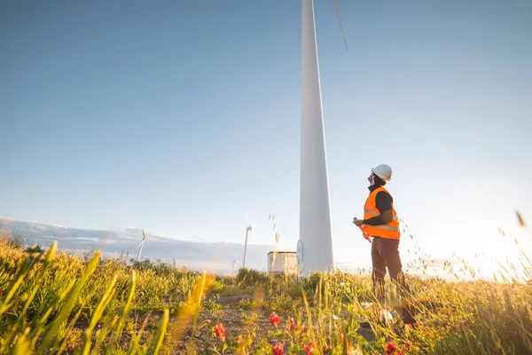 Ingeniero Joven Sombrero Duro Trabajando Campo Con Molinos Viento Atardecer — Foto de Stock