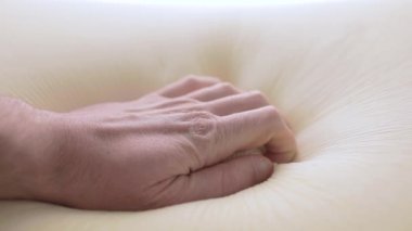 El, modern hafıza köpük yatak ve yastığına dokunup test ediyor.