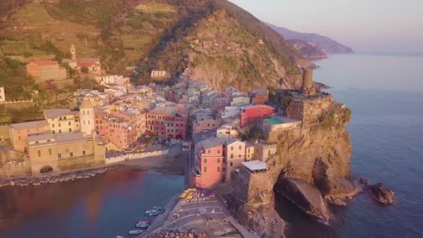 Cinque Terre City Лігурії Італія Повітряний Вид Влітку — стокове відео