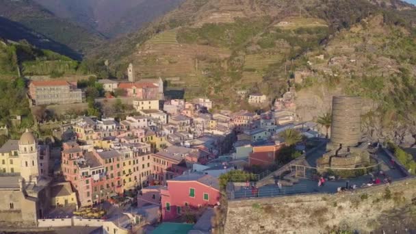 Cinque Terre Város Liguria Olaszország Légi Felvétel Nyári Szezonban — Stock videók