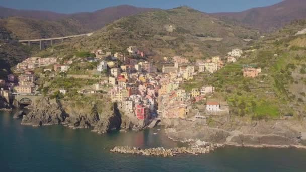 Cinque Terre Stad Ligurien Italien Flygfoto Sommarsäsongen — Stockvideo