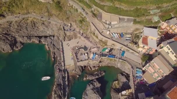 Cinque Terre Πόλη Στη Λιγουρία Ιταλία Αεροφωτογραφία Την Καλοκαιρινή Περίοδο — Αρχείο Βίντεο