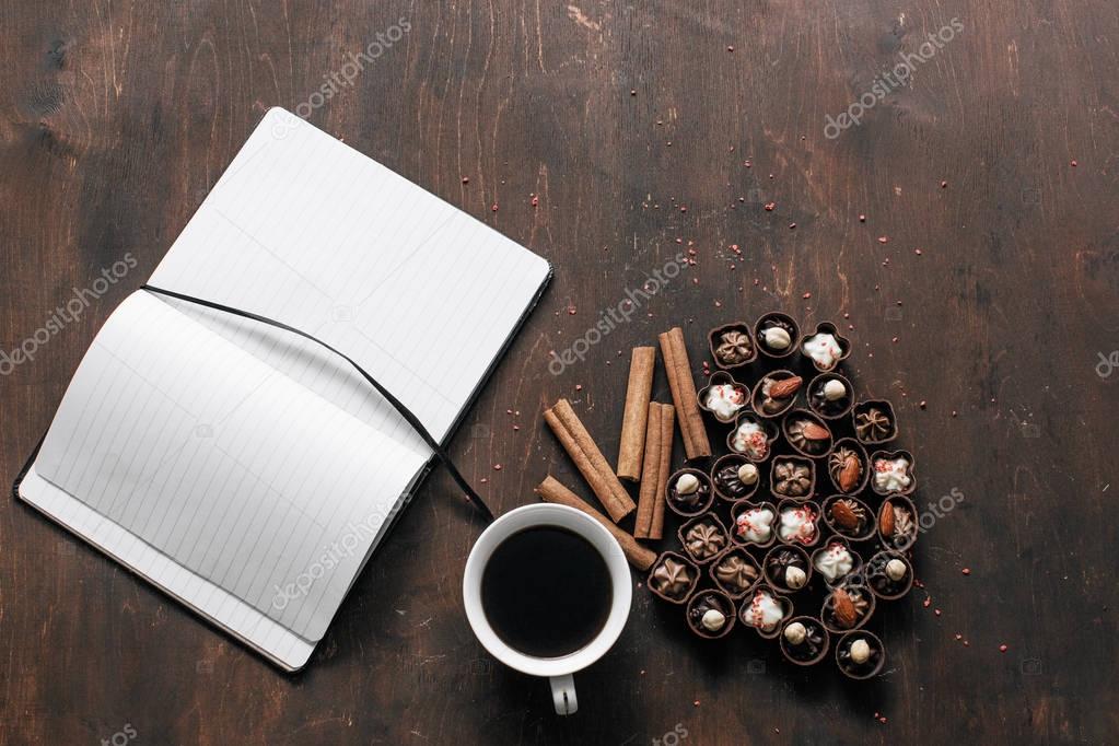 chocolate candies and coffee