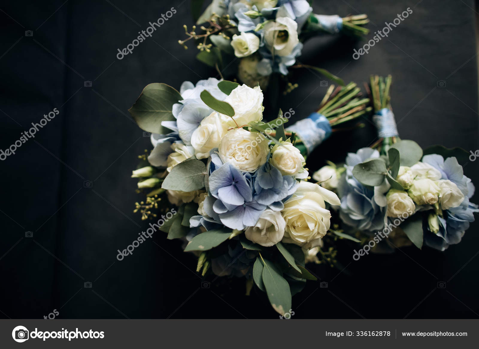Beautiful Bride's Wedding Bouquet White Blue Flowers Top View Stock Photo  by ©beorm 336162878