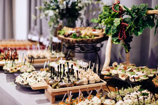 Eine Vielzahl Köstlicher Vorspeisen Snacks Auf Dem Tisch Bei Einer — Stockfoto