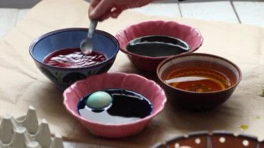 Paskalya için hazırlanıyorum. Kadınlar paskalya yumurtalarını mutfak masasında boyuyor.