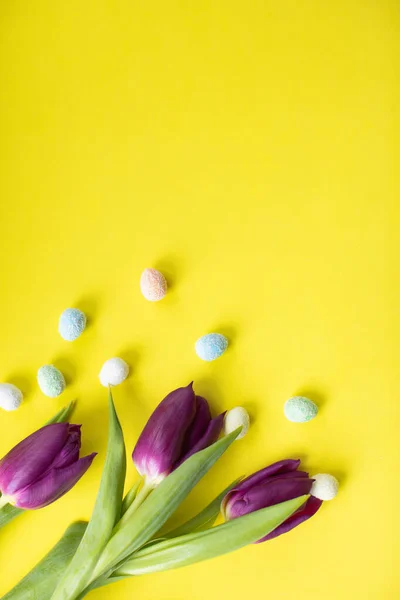 Flat lay Spring purple tulip flowers on yellow background. Text space.