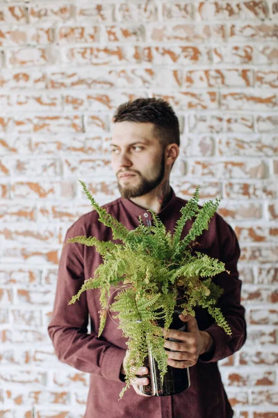 Evinde Bitki Taşıyan Genç Bir Adam Portresi — Stok fotoğraf