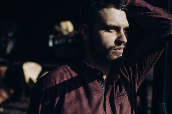 Stylish Portrait Concentrated Young Bearded Man — Stock Photo, Image