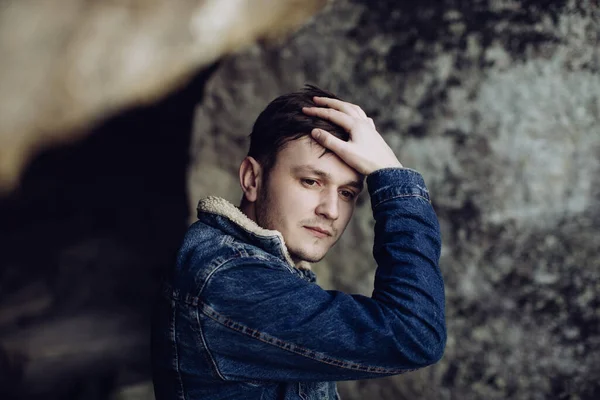 Portrait Young Man Denim Jacket Concept Problems — Stock Photo, Image