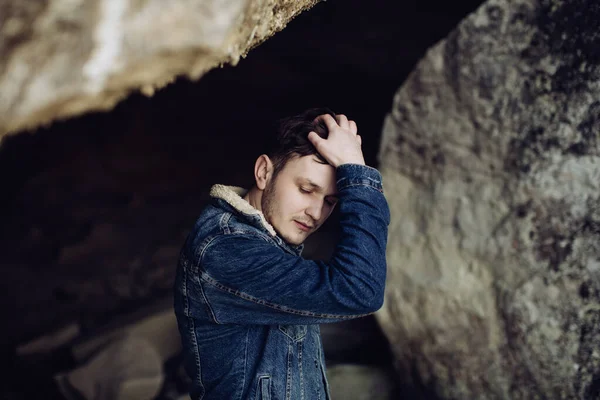 Sad Lonely Young Man Denim Jacket — Stock Photo, Image