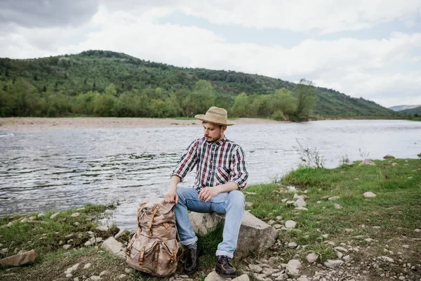 Young Man Backpack Sitting Rock Mountain River — Stock Photo, Image