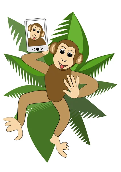 Süße lustige Affe macht Selfie in der Krone einer Palme, Illustration für Kinder — Stockvektor