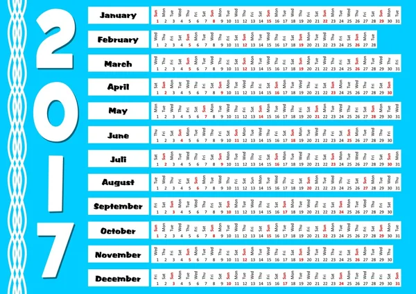 Calendario 2017 con fondo azul abstracto. Diseño inusual, mes en forma de tira, orientación horizontal, lugar para la imagen corporativa y la información . — Vector de stock