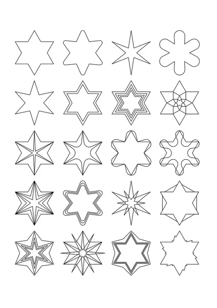 Star shape simply design elements set. Collection of 20 star elements useful for christmas design.Black outline drawing.