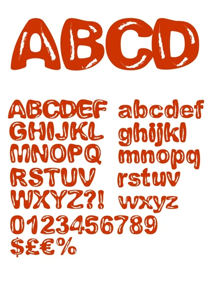 Rotes Alphabet im schäbigen Design, abgeplatzte Farbe, Groß- und Kleinbuchstaben, Zahlen, Zeichen, Währungssymbole. Originalschrift für Grunge-Design. — Stockvektor