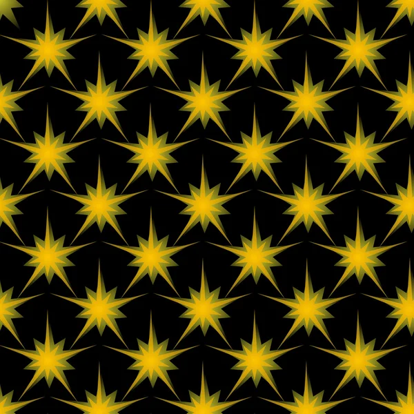 Estrella amarilla puntiaguda con un brillo transparente, patrón sin costuras vectoriales sobre un fondo negro — Vector de stock