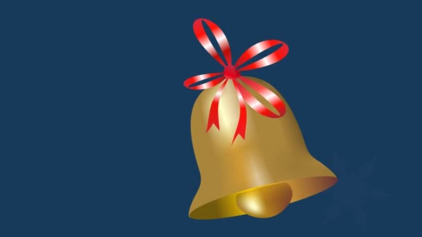 Mooie gouden bell christmas animatie. Gouden klokje met rood lint swingen op blauwe achtergrond met sneeuwvlokken — Stockvideo