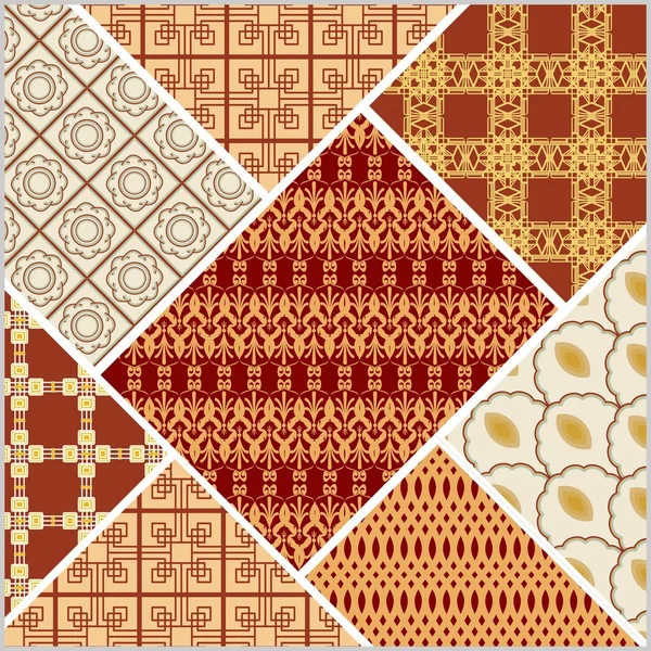 Patchwork design in art deco style. Decorative vector abstract tile in style stitched textile patches with different ornament in beige and red — Stock vektor