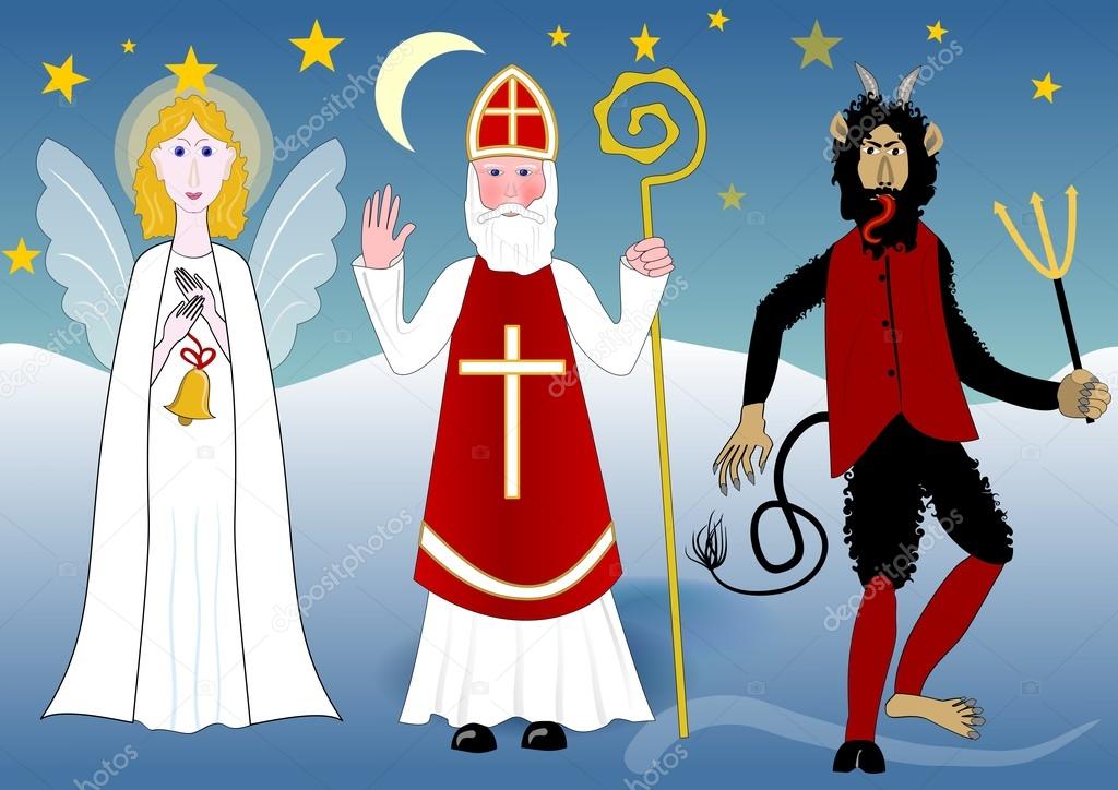 Saint Nicolas with angel and devil in night countryside with stars and moon. Illustration of the feast on December 5