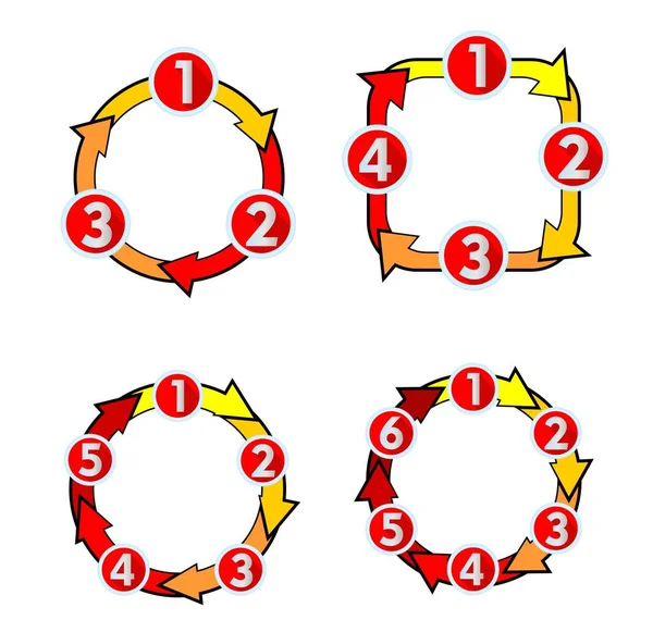 Zyklusdiagramm mit Zahlenpfeilen für drei, vier, fünf und sechs Schritte. Gestaltungselemente der infografischen Vorlage. — Stockvektor