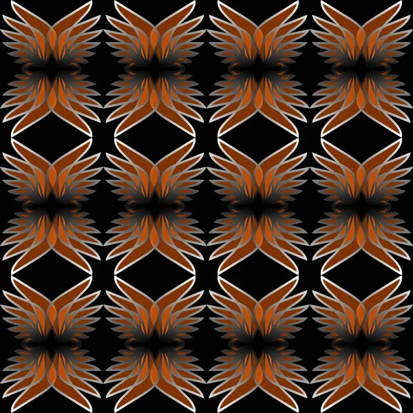 Motifs d'ailes en orange transparent. Ornement abstrait sans couture sur fond noir. Ailes répétées en position miroir . — Image vectorielle