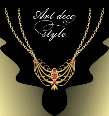 Art deco kolye çift zincir üzerinde altın kolye ile kırmızı kesme gemstone mücevher, retro Victoria tarzı dekore edilmiş