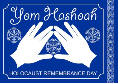 Beyaz ve mavi tasarım Holokost Tema. Cohen nimet eller geleneksel ile güzelleşmek motifi, kalp, David yıldız, İbranice metin Yom hashoah.